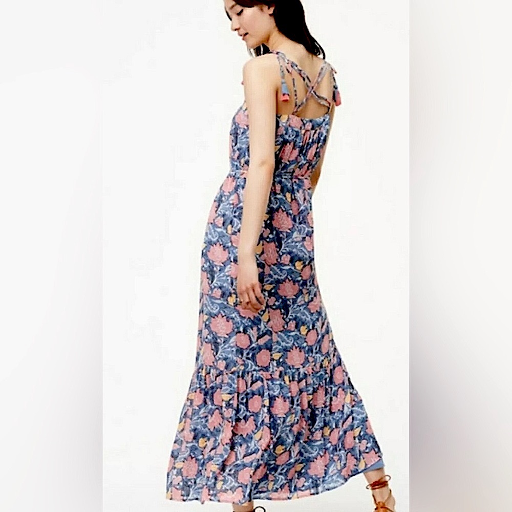 LOFT WILDFLOWER BLUE & PINK FLORAL TASSEL TIE STRAPS MAXI DRESS SIZE MEDIUM